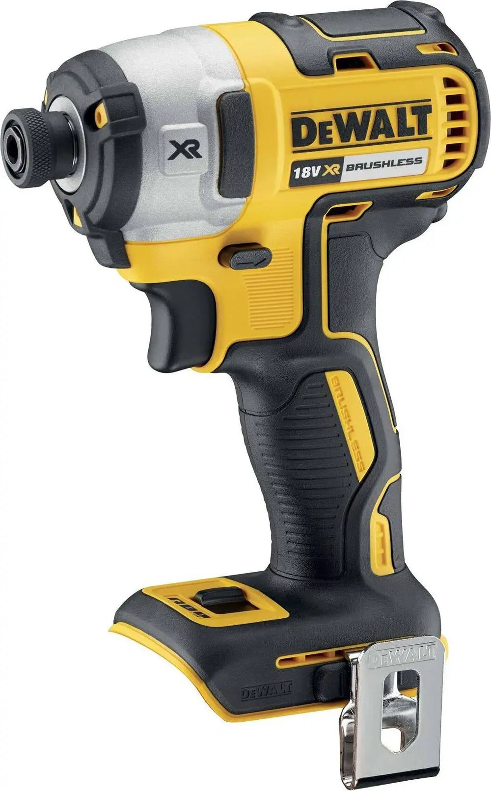 DEWALT impact driver detail close-up, yellow and black with LED light visible