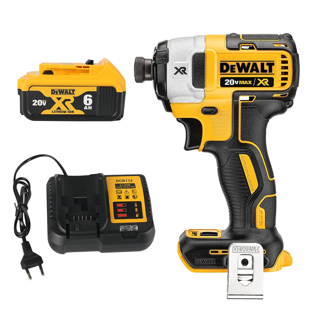 DEWALT impact driver kit packaging, yellow and black with battery and charger included
