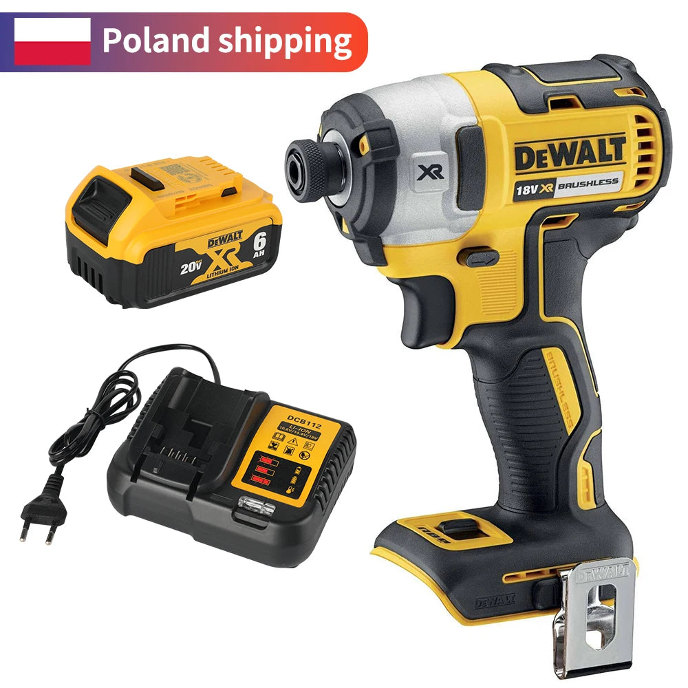 DEWALT impact driver kit packaging, yellow and black with included battery and charger