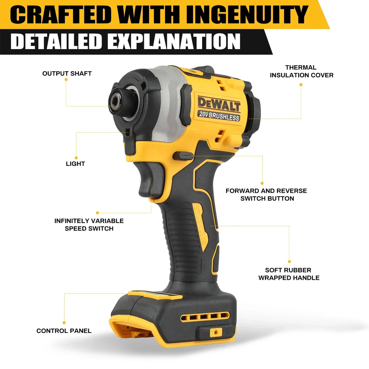 DeWalt DCF Old 850 feature detail, yellow and black parts explanation
