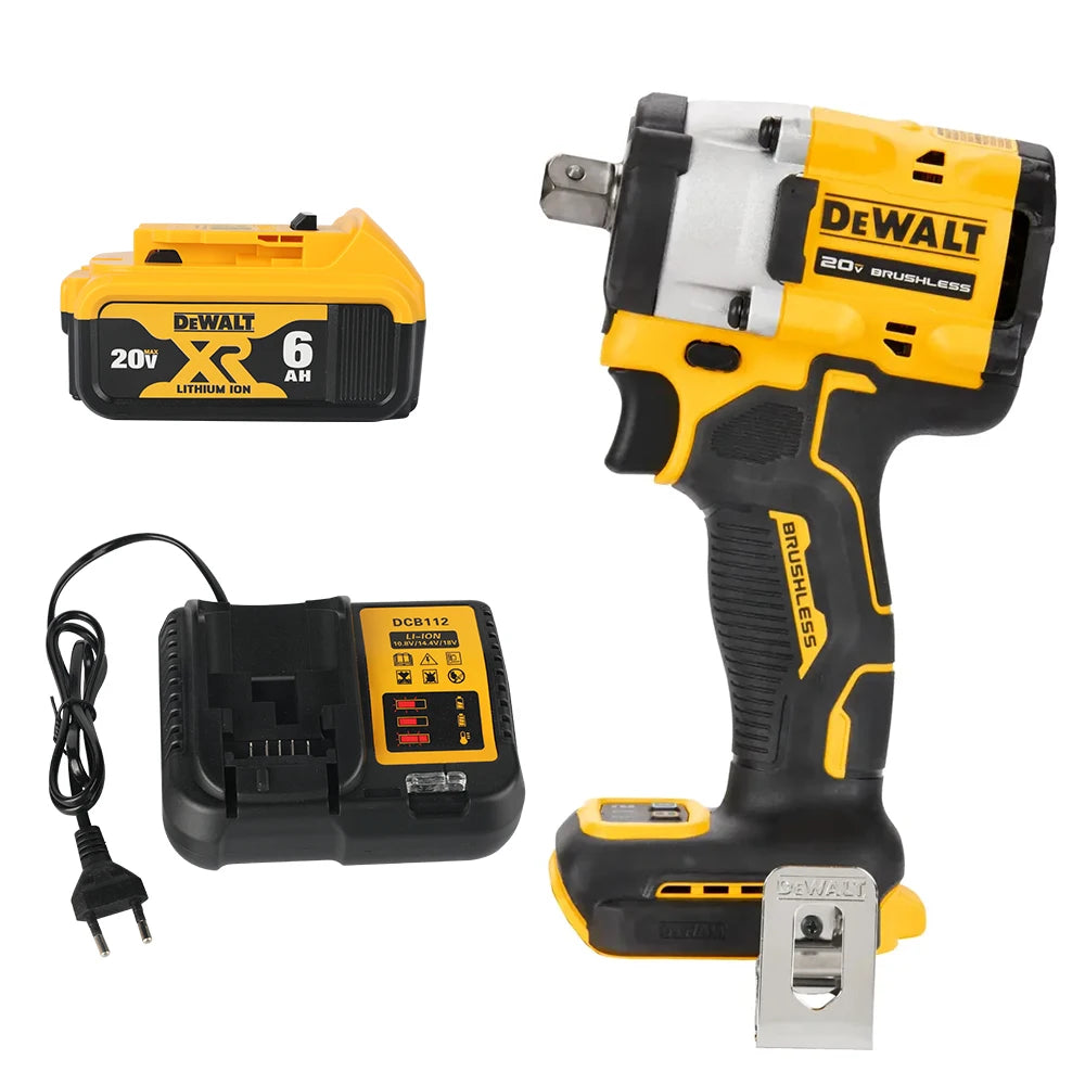 DEWALT DCF922 kit packaging showing impact wrench with battery and charger, yellow/black