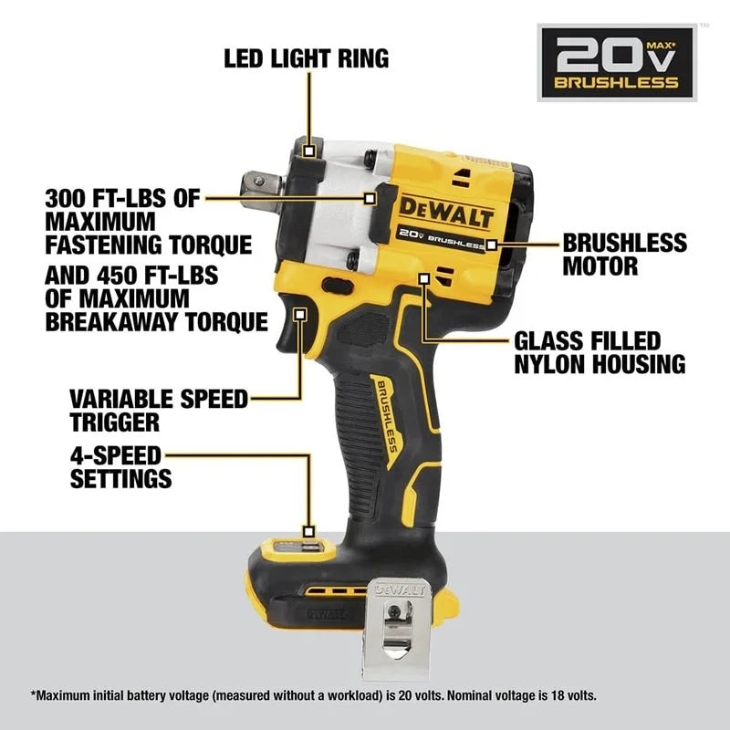 DEWALT DCF922 side view impact wrench highlighting brushless handle and battery slot