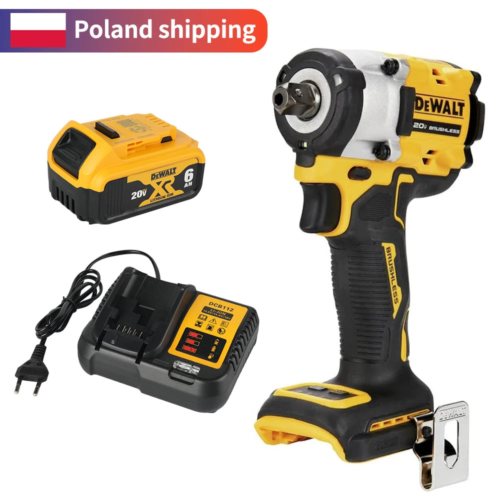 DEWALT DCF922 lifestyle shot with LED light, battery and charger, yellow/black