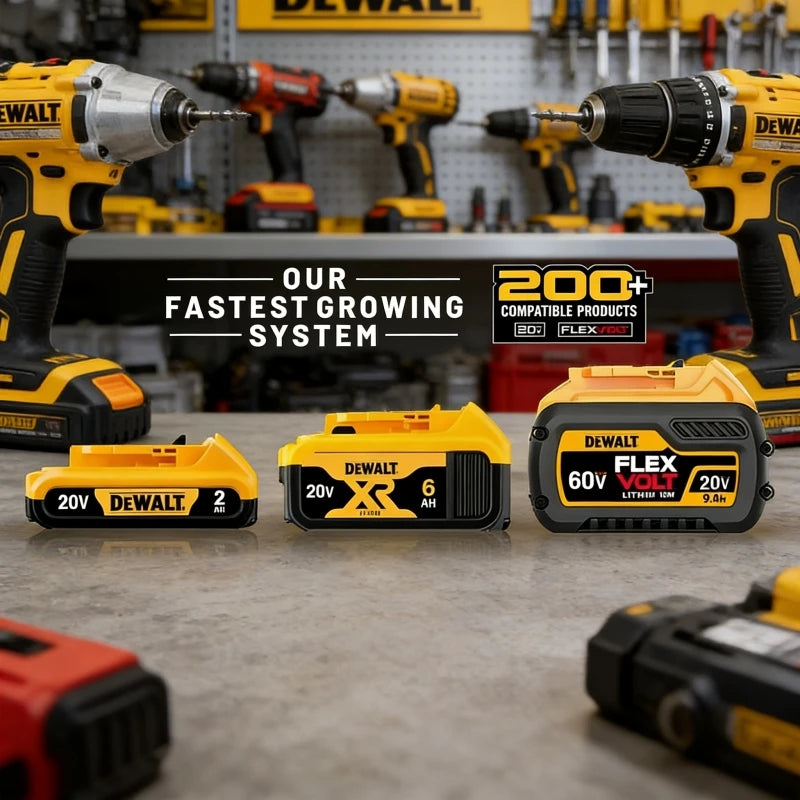 DeWalt tools and batteries lifestyle scene, yellow and black with red accents