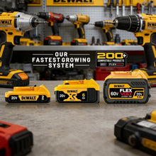 DeWalt tools and batteries lifestyle scene, yellow and black with red accents