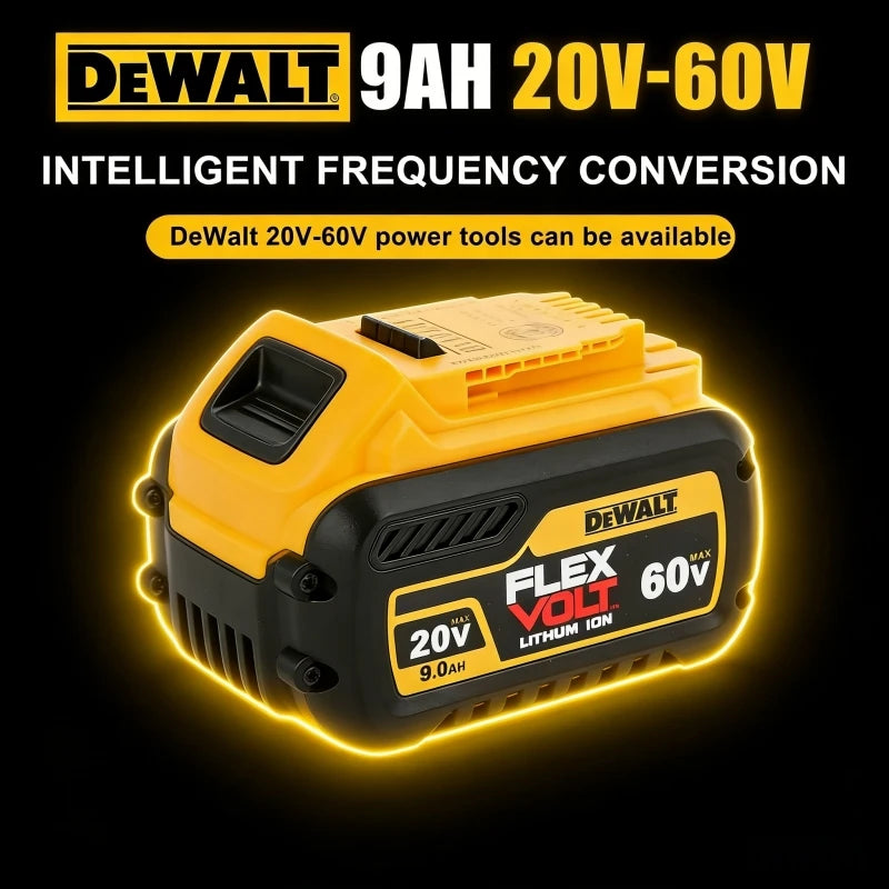 DeWalt 60V 9Ah replacement battery specifications close-up, yellow and black