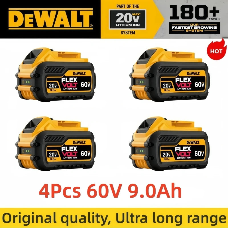 DeWalt 4-pack batteries front view, yellow and black
