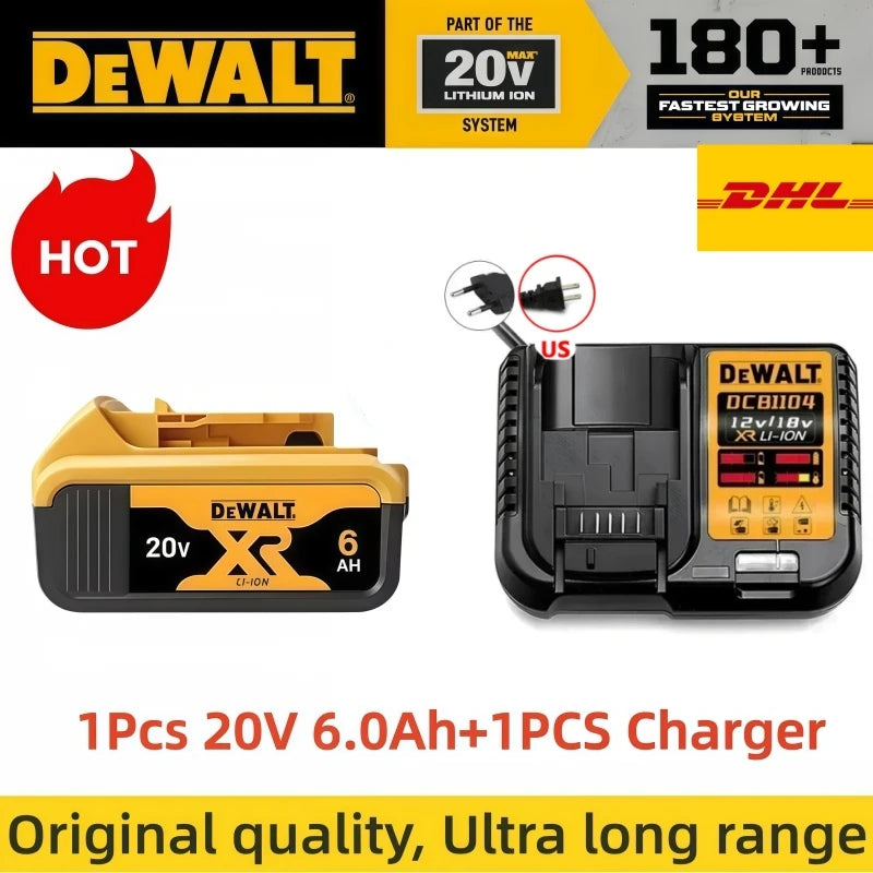 DeWalt battery and charger front view, yellow and black