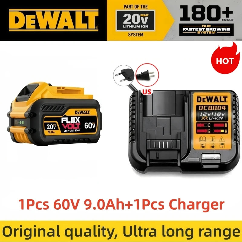 Dewalt 60V 9Ah battery and charger packaging, yellow and black