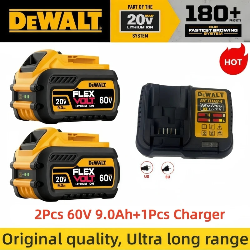 Dewalt 60V 9Ah two-battery with charger packaging, yellow and black
