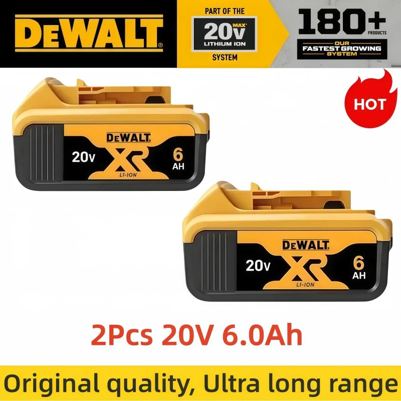 DeWalt 20V batteries 2-pack packaging, yellow and black front view