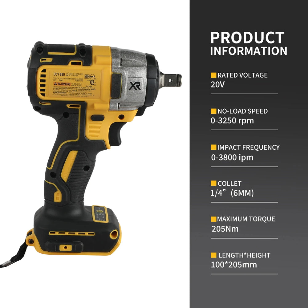 DeWalt DCF880 side view, yellow and black cordless impact wrench