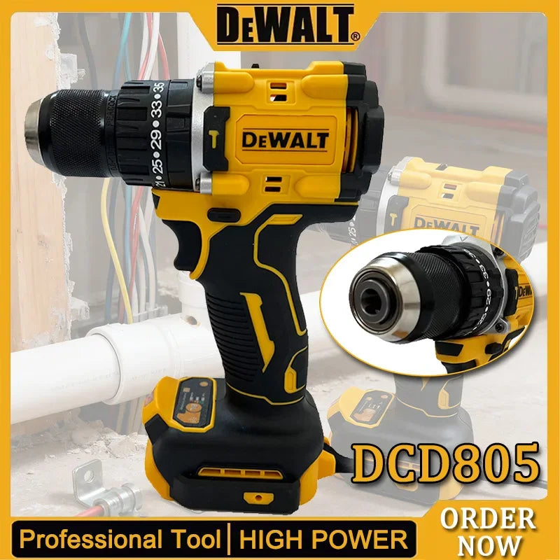 DEWALT DCD805 close-up detail of brushless motor in yellow and black