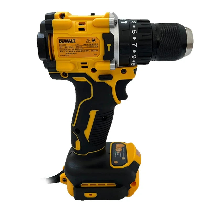 DEWALT DCD805 side view with drill bit and battery pack visible in yellow and black