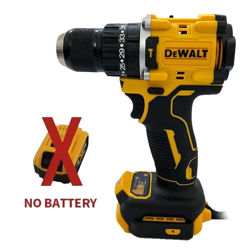 DEWALT DCD805 side view highlighting metal chuck with no battery included in yellow and black