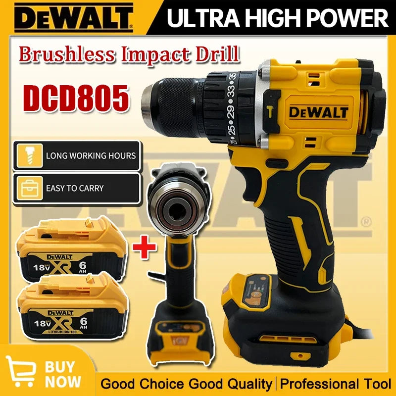 DEWALT DCD805 front view showing metal chuck and ergonomic handle in yellow and black