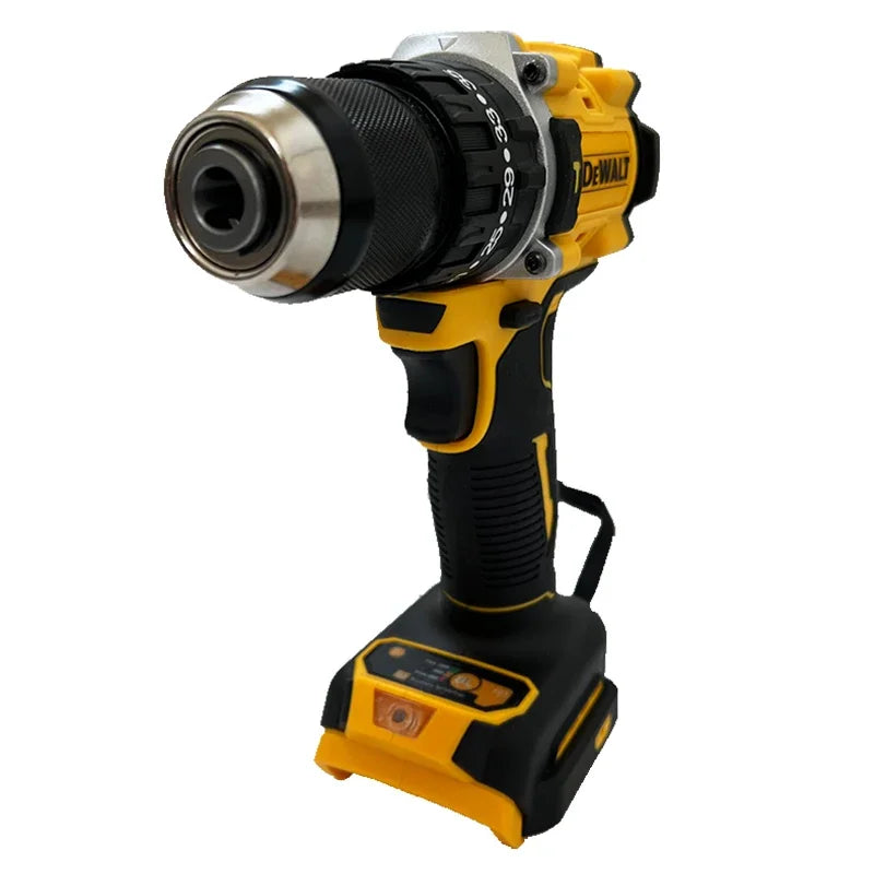 DEWALT DCD805 side view with metal chuck and rubber grip in yellow and black