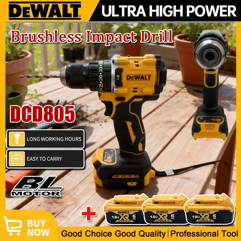 DEWALT DCD805 lifestyle shot, yellow and black cordless drill with high-power features