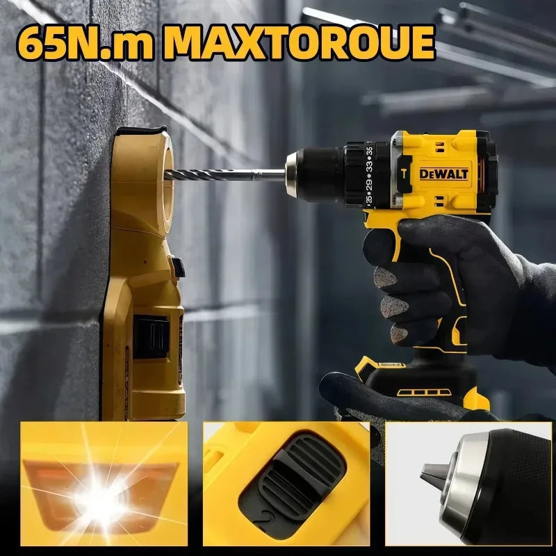 DEWALT DCD805 lifestyle shot, yellow and black cordless drill