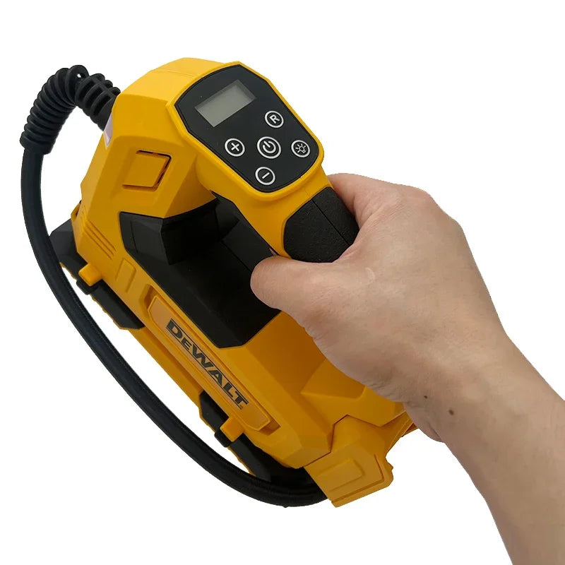 Dewalt tire inflator detail view, digital controls and inflation hose on white