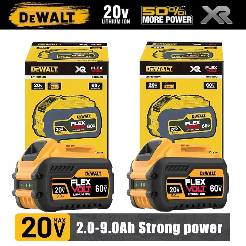 DeWALT FlexVolt battery pack in yellow and black packaging, front view