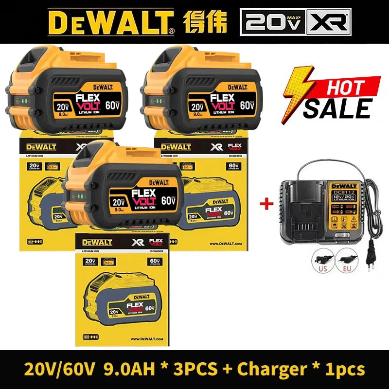 DeWALT battery pack packaging, yellow and black with 9000mAh FlexVolt