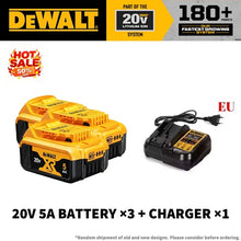 DeWalt battery and charger set in packaging, yellow-and-black on white