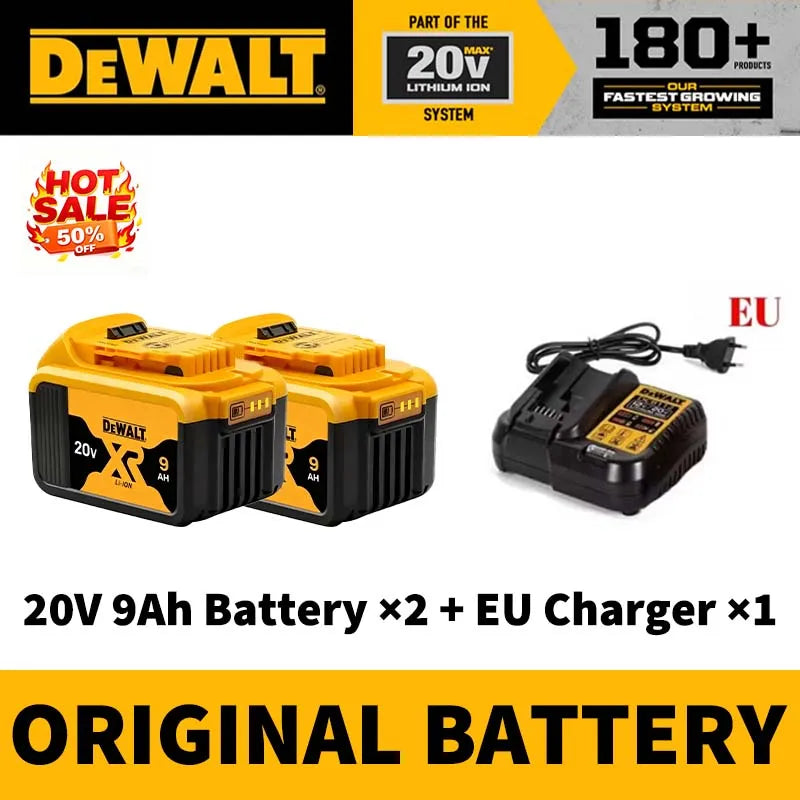 Dewalt 18V/20V 5Ah battery x3 with EV charger packaging, yellow and black