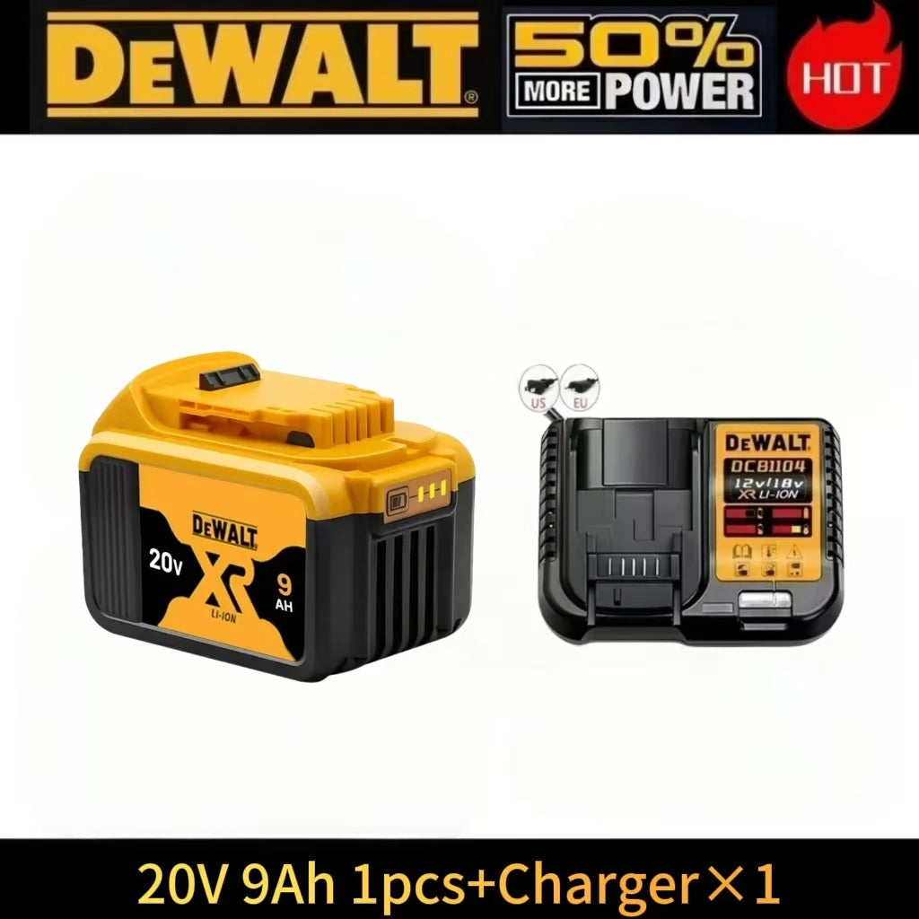 Dewalt DCB200 two battery packs and charger packaging, yellow and black