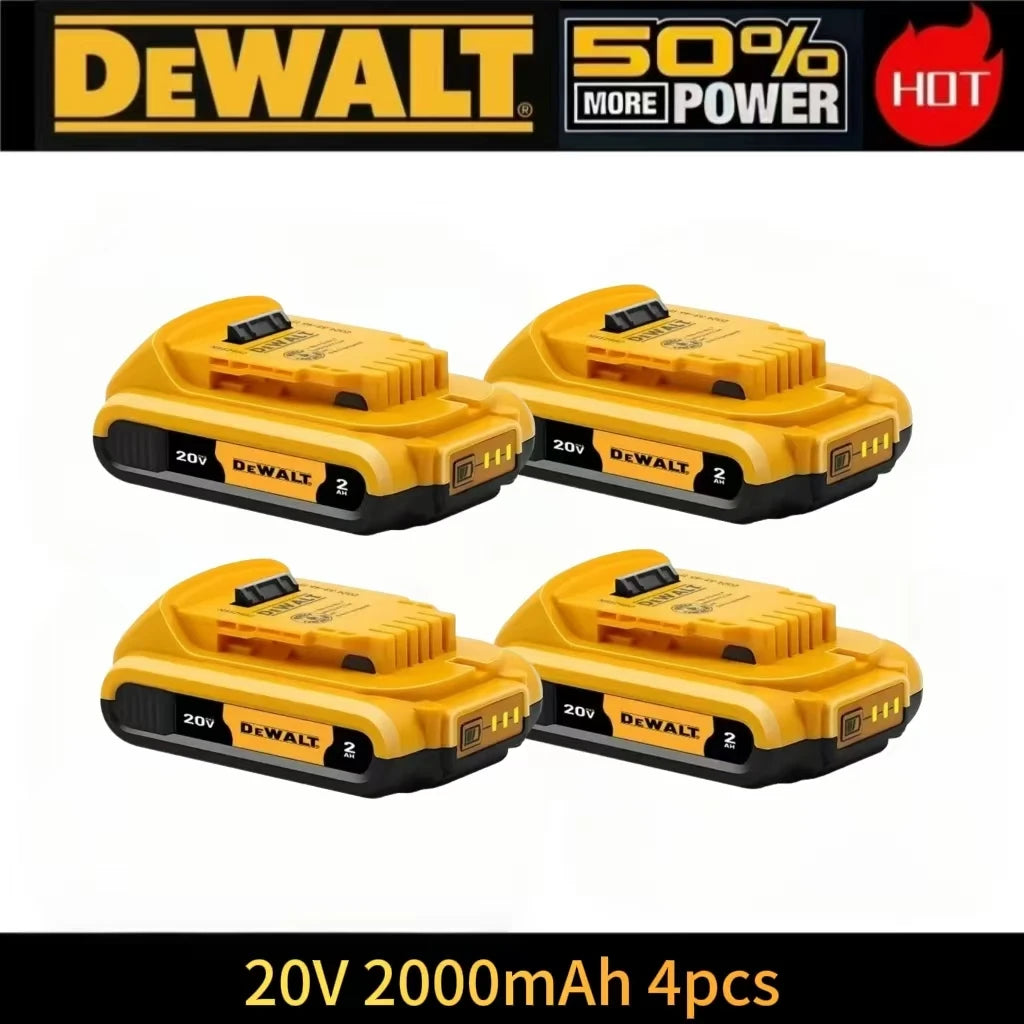 Dewalt DCB200 four-pack batteries front view, yellow and black