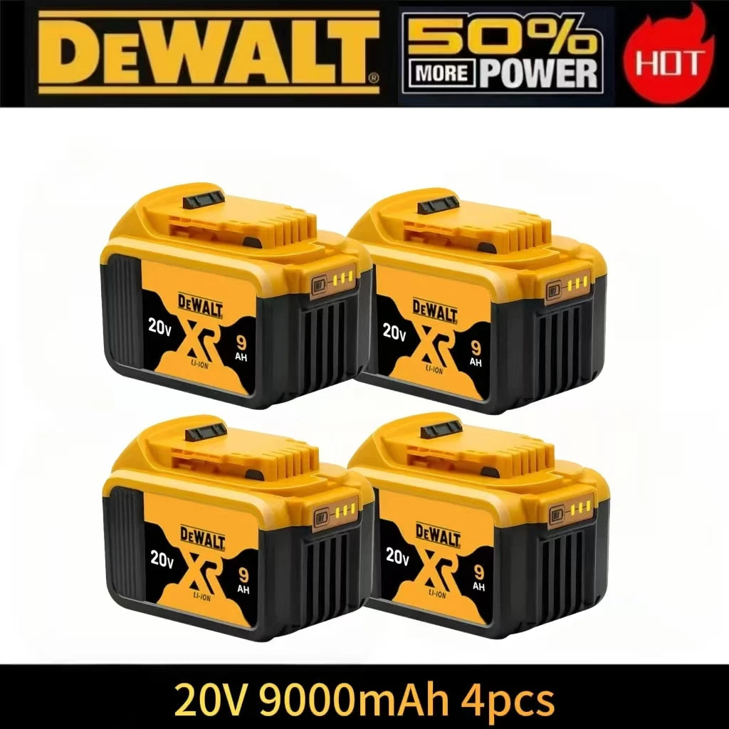 Dewalt 20V 9000mAh batteries (4-pack) in yellow and black packaging, front view