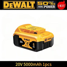 Dewalt battery with 5000mAh in yellow and black packaging, front view