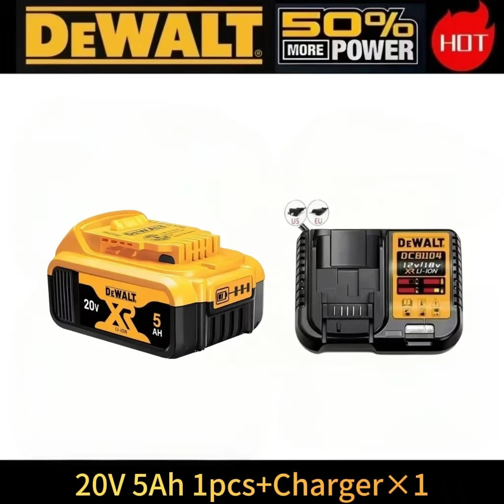 DeWalt 20V battery and charger front view, yellow and black