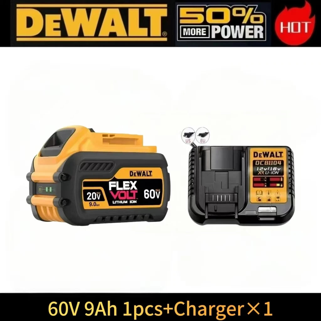 Dewalt battery and charger packaging, yellow and black, rechargeable lithium-ion