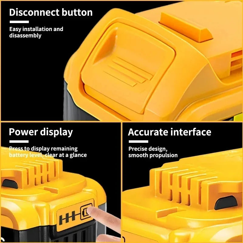 Dewalt charger detail close-up, yellow and black, decorated button