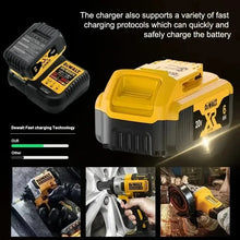Dewalt charger lifestyle shot, yellow and black, quick charging