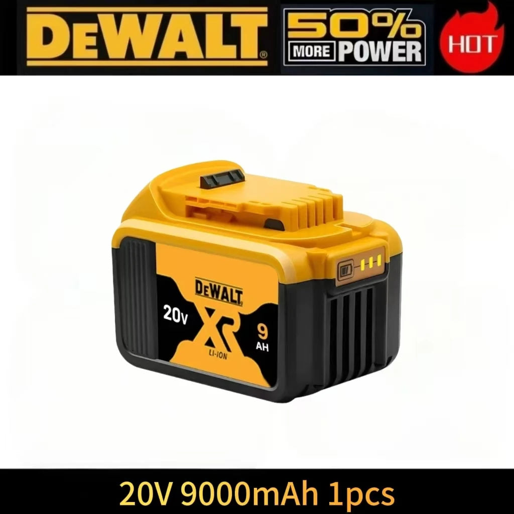 Dewalt battery pack front view, yellow and black, compact design