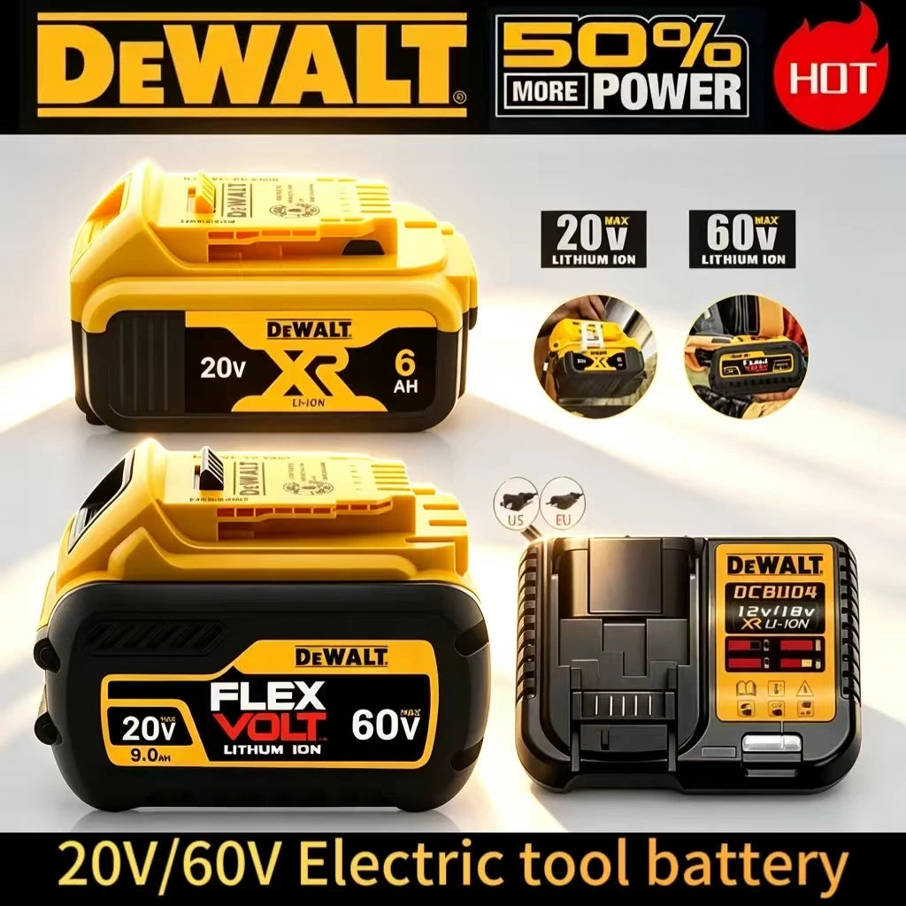 Dewalt battery packaging, yellow and black, 20V/60V compatibility