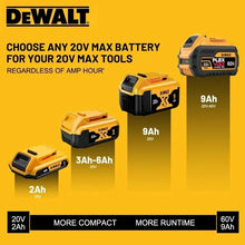 Dewalt battery options packaging, yellow and black, various sizes