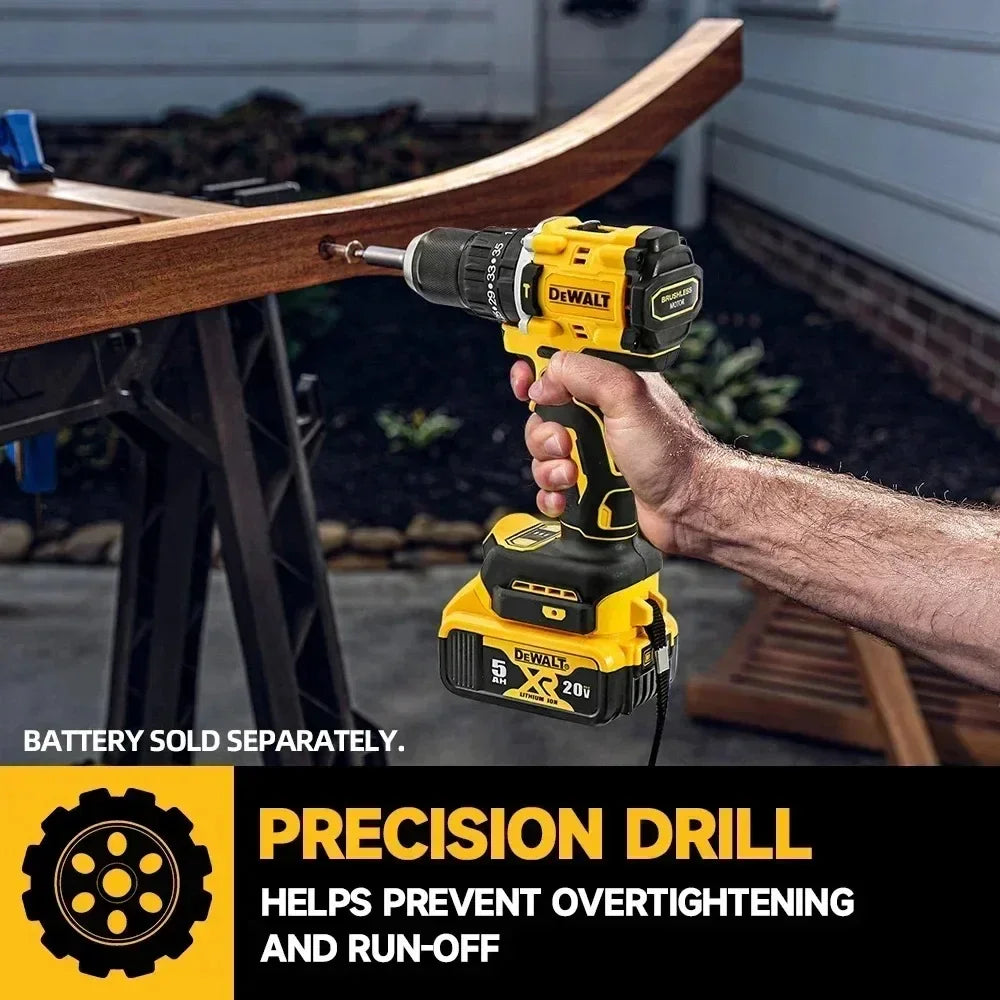 DEWALT DCD805 lifestyle shot, ergonomic grip on cordless drill