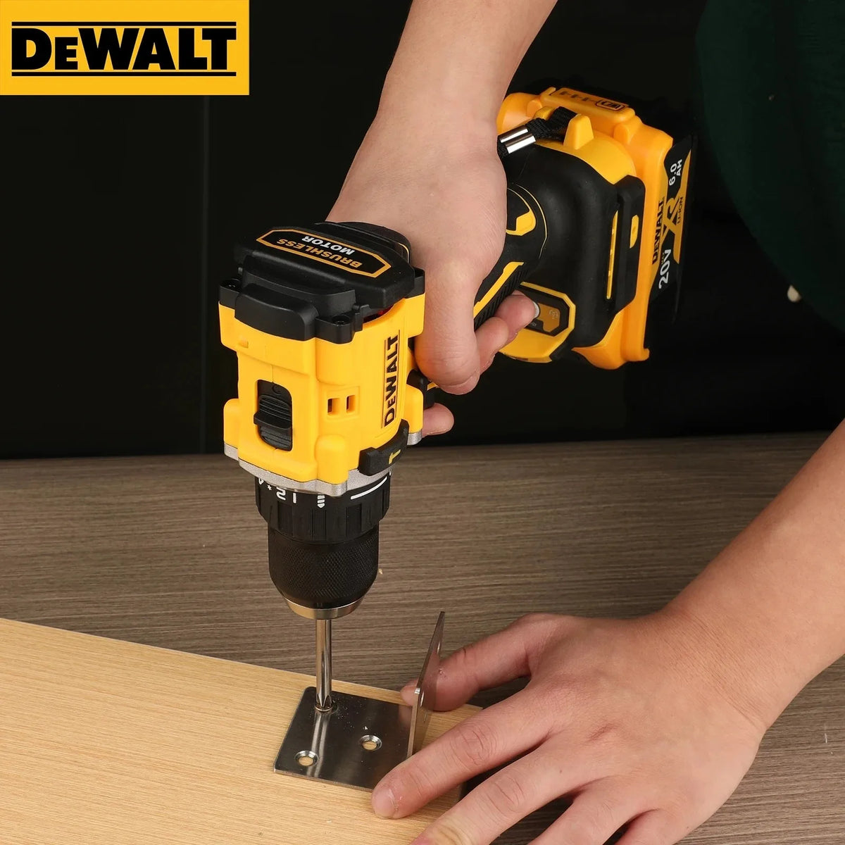 DEWALT DCD805 lifestyle shot, drill in use with variable speed and LED