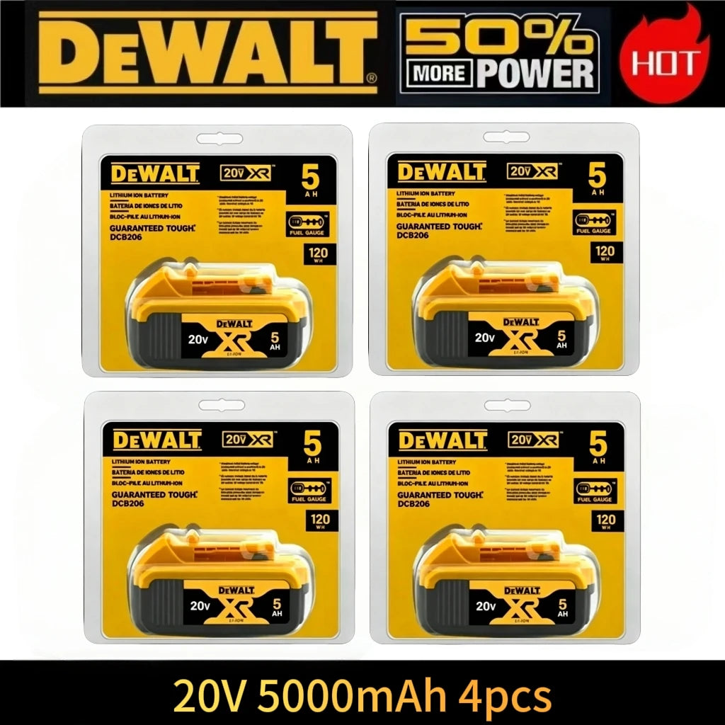 Four-pack DeWalt 20V 5000mAh batteries on white background