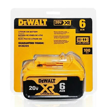 DeWalt 20V battery pack lifestyle view, yellow and black with specifications