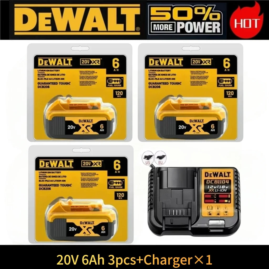 DeWalt battery charger set packaging, yellow and black with charger included