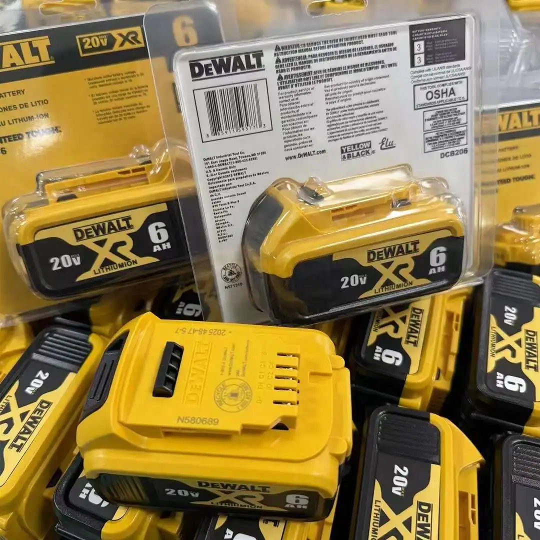 DeWalt 20V battery pack close-up detail, yellow and black branding