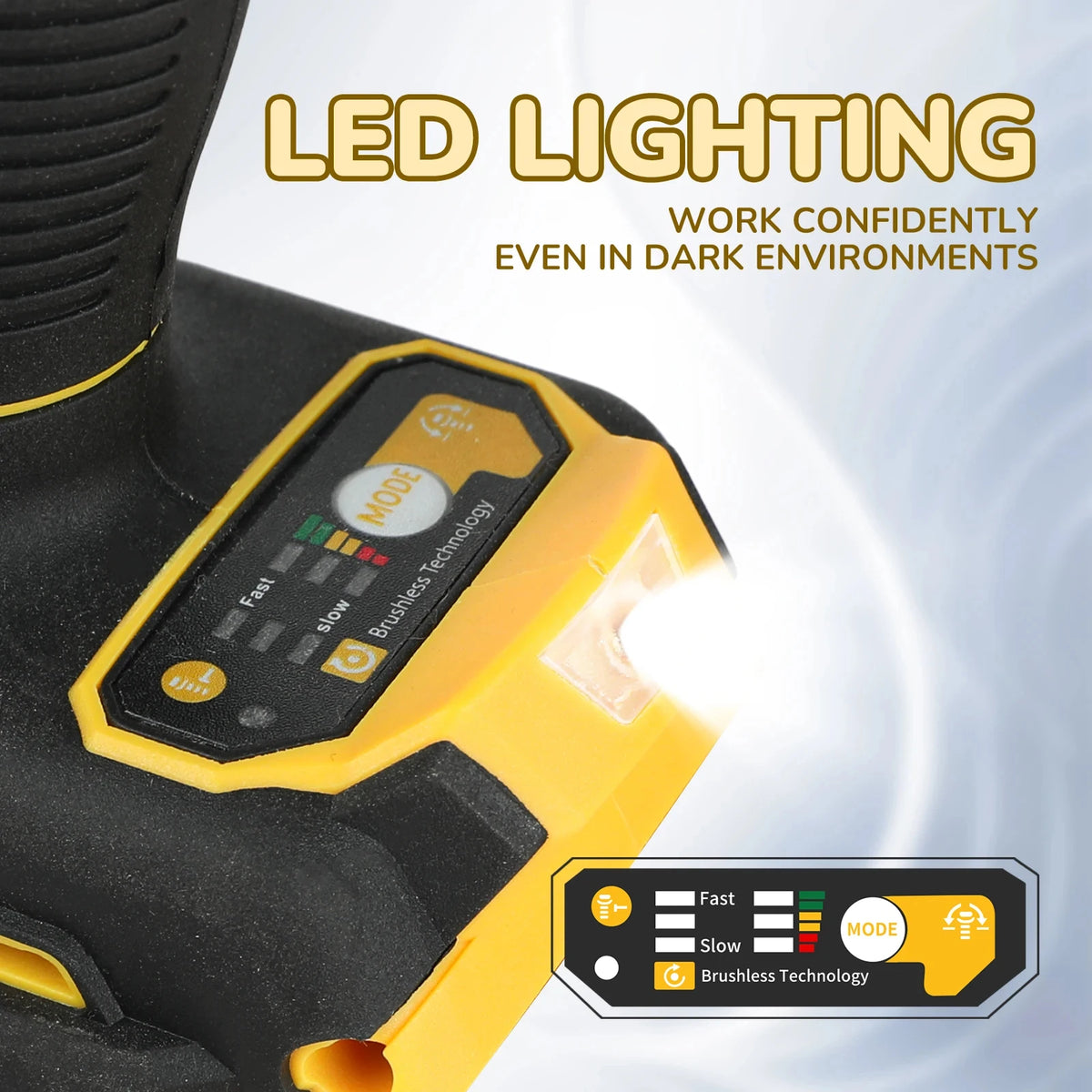 DEWALT DCD805 drill lifestyle shot, yellow and black with LED lighting controls