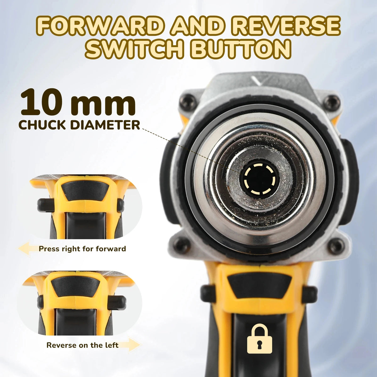 DEWALT DCD805 drill detail, yellow and black with 10mm chuck and compact design