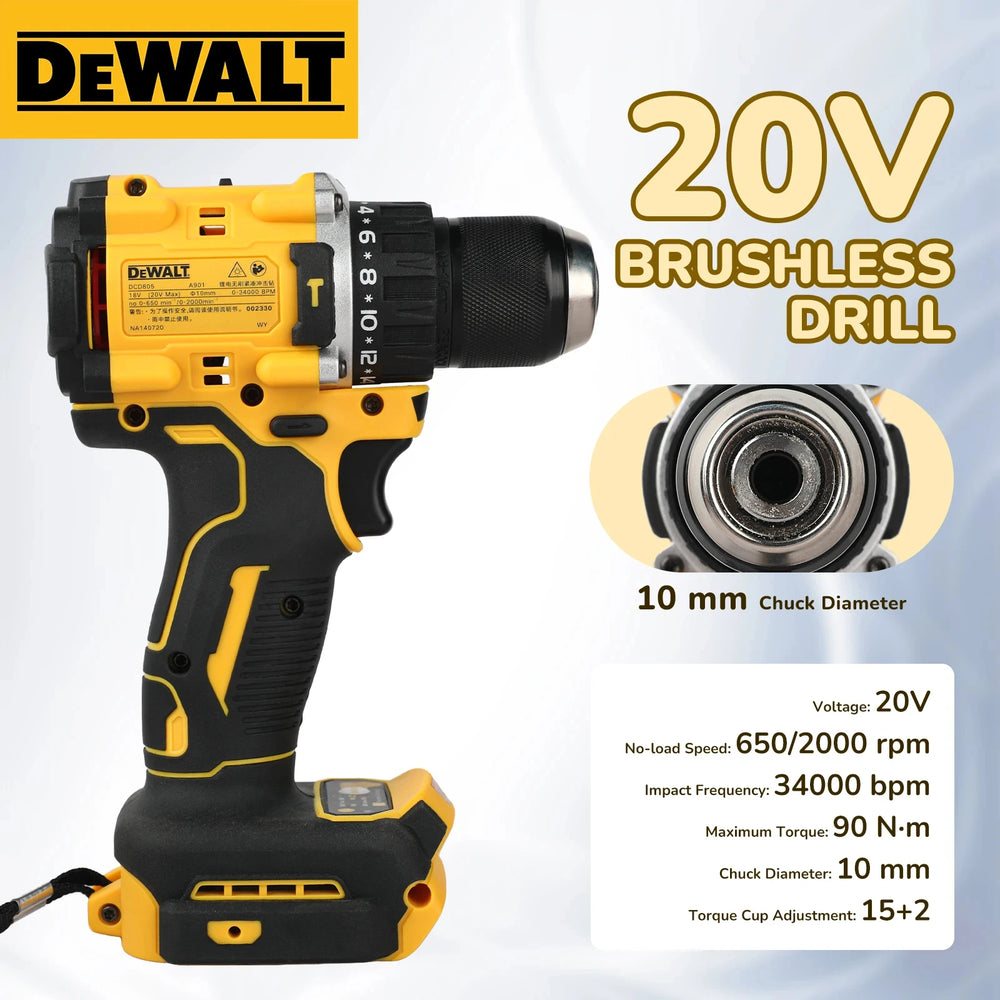 DEWALT DCD805 drill front view, yellow and black with 20V battery