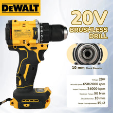 DEWALT DCD805 drill front view, yellow and black with 20V battery