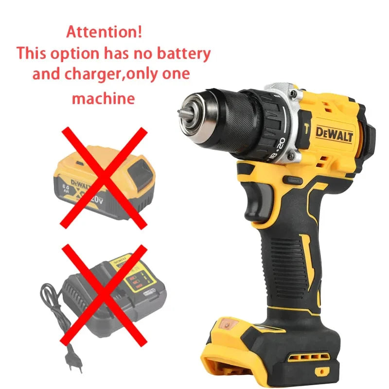 DEWALT DCD805 drill detail, yellow and black with battery and charger not included